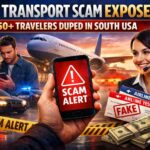 Air transport scam in the southern USA showing fake airline tickets, scam alert on phone, distressed travelers, and airport police lights