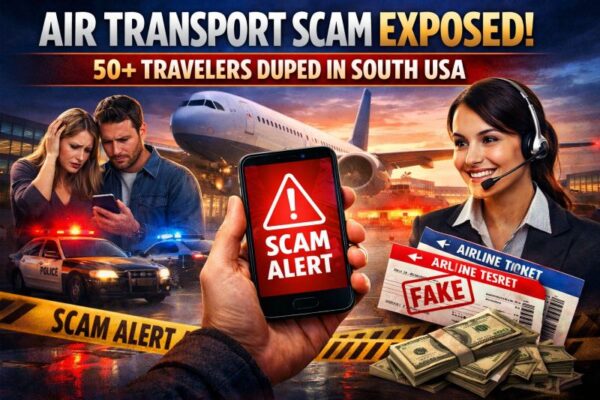 Air transport scam in the southern USA showing fake airline tickets, scam alert on phone, distressed travelers, and airport police lights