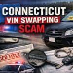 Connecticut VIN swapping scam warning image showing a used car for sale, altered VIN plate, and forged title documents