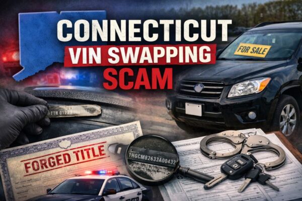 Connecticut VIN swapping scam warning image showing a used car for sale, altered VIN plate, and forged title documents