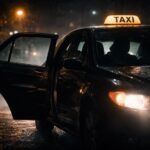 Shadowy taxi parked on a dark city street at night in Chicago with an open backseat door and a hidden driver silhouette, representing a fake rideshare transport scam.