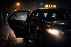 Shadowy taxi parked on a dark city street at night in Chicago with an open backseat door and a hidden driver silhouette, representing a fake rideshare transport scam.
