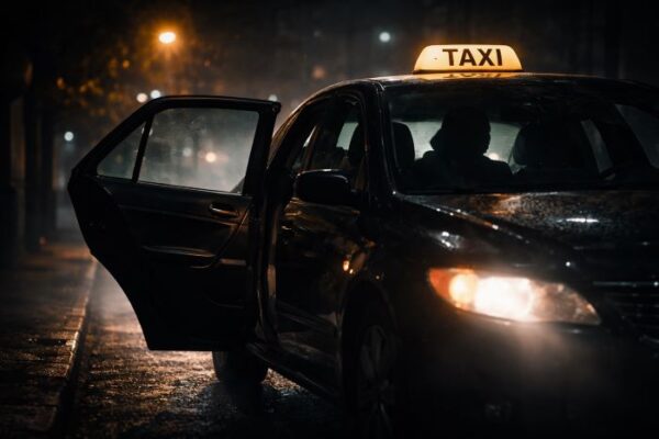 Shadowy taxi parked on a dark city street at night in Chicago with an open backseat door and a hidden driver silhouette, representing a fake rideshare transport scam.