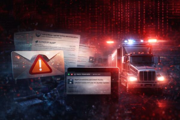 FMCSA Scam Alert: Phishing Email Targeting Motor Carriers and Fake FMCSA Audit Notice with Flashing Emergency Lights