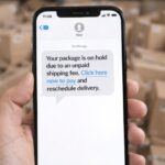Smartphone displaying a fake package delivery alert text message warning, surrounded by cardboard boxes, advising users not to click links and to verify on the official carrier website.