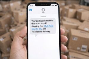 Smartphone displaying a fake package delivery alert text message warning, surrounded by cardboard boxes, advising users not to click links and to verify on the official carrier website.
