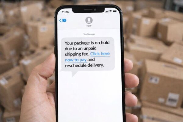 Smartphone displaying a fake package delivery alert text message warning, surrounded by cardboard boxes, advising users not to click links and to verify on the official carrier website.