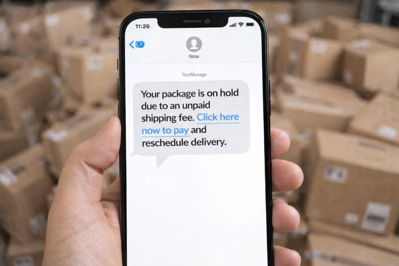 Smartphone displaying a fake package delivery alert text message warning, surrounded by cardboard boxes, advising users not to click links and to verify on the official carrier website.
