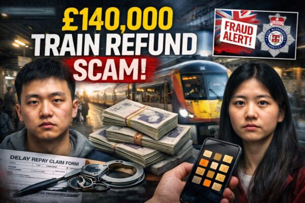 Students involved in a UK rail refund scam exploiting the Delay Repay system to steal £140,000, with train station and fraud evidence