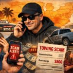 Illustration warning about transport scams in the Southern U.S., showing a truck, cargo containers, a boat, cash, and a fake contract over a highlighted U.S. map.