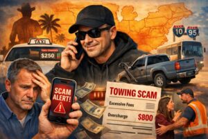 Illustration warning about transport scams in the Southern U.S., showing a truck, cargo containers, a boat, cash, and a fake contract over a highlighted U.S. map.