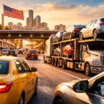 Traffic scene in the United States showing a taxi, a car carrier truck, and a rideshare car, representing transport scams in the USA 2026