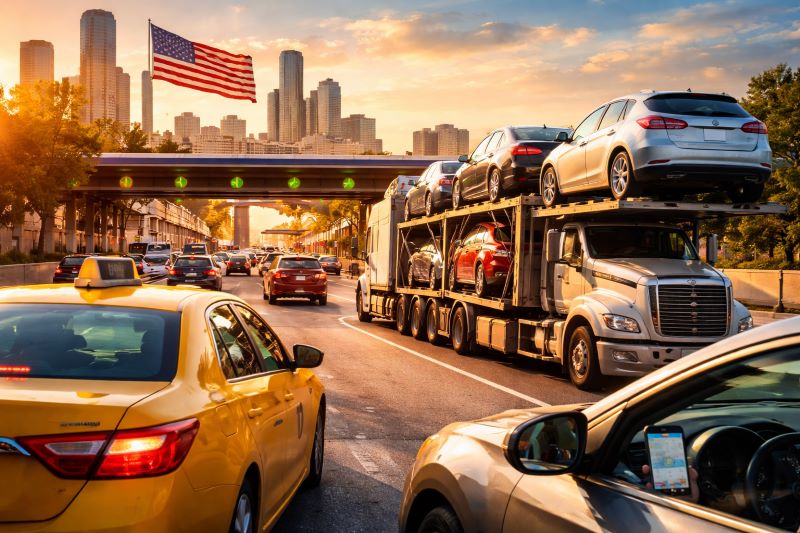 Traffic scene in the United States showing a taxi, a car carrier truck, and a rideshare car, representing transport scams in the USA 2026