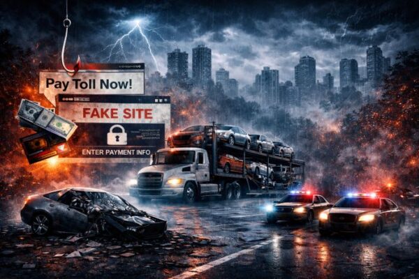 Digital illustration depicting the dangers of transportation scams in 2025-2026, showing a wrecked car, fake toll messages, and police lights.