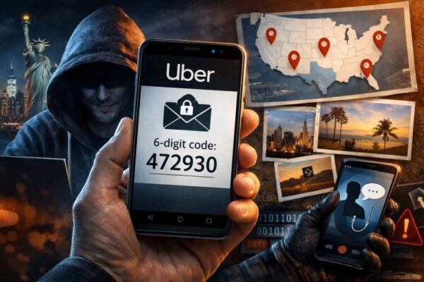 Uber verification code scam illustration showing OTP code on a phone with a hooded scammer and U.S. map pins.