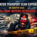 Water transport scam in the southern USA showing a fraudulent boat sale, stolen money, police boats, and scam alert warning