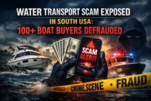 Water transport scam in the southern USA showing a fraudulent boat sale, stolen money, police boats, and scam alert warning