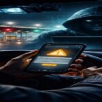 Dark image of a smartphone showing a suspicious toll payment request, with a shadowy figure reflected on the screen and a toll road in the background, representing a toll road text scam targeting U.S. drivers.