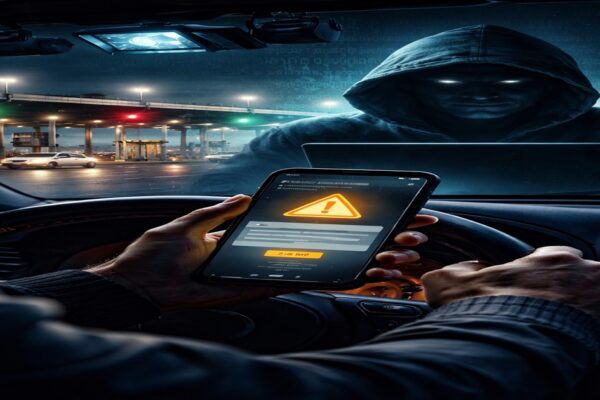 Dark image of a smartphone showing a suspicious toll payment request, with a shadowy figure reflected on the screen and a toll road in the background, representing a toll road text scam targeting U.S. drivers.