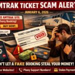 Amtrak train ticket scam alert showing fake booking website, phony customer support number, and traveler affected by Amtrak ticket fraud