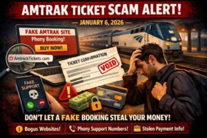 Amtrak train ticket scam alert showing fake booking website, phony customer support number, and traveler affected by Amtrak ticket fraud