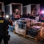 Florida police officers inspecting recovered cargo and pallets of boxed goods during a nighttime freight theft operation.