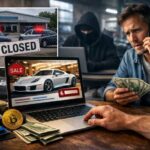 Luxury car scam warning in Texas showing fake online car listing and fraud alert