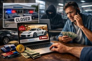 Luxury car scam warning in Texas showing fake online car listing and fraud alert