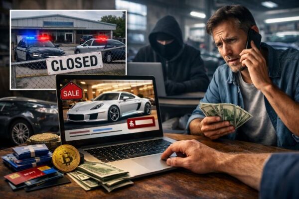 Luxury car scam warning in Texas showing fake online car listing and fraud alert
