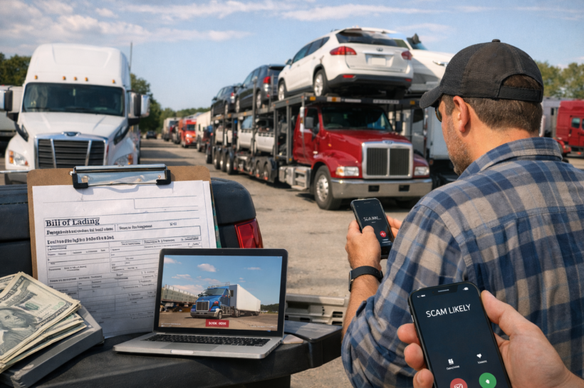 Illustration showing trucking and vehicle transport fraud affecting businesses and consumers in the Southern US in 2026