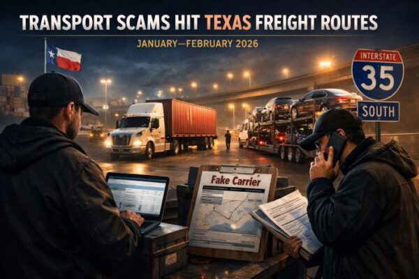 Transport scams in Texas affecting freight trucking at a nighttime logistics hub