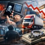 Freight Broker Scams 2026 illustration showing cargo truck, hacker, phone with skull icon, handcuffs on money, and falling supply chain graphs.