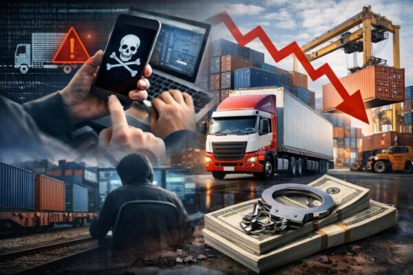 Freight Broker Scams 2026 illustration showing cargo truck, hacker, phone with skull icon, handcuffs on money, and falling supply chain graphs.