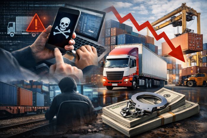 Freight Broker Scams 2026 illustration showing cargo truck, hacker, phone with skull icon, handcuffs on money, and falling supply chain graphs.