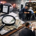 Minnesota Medical Transportation Fraud 2026 investigation featuring law enforcement badge, magnifying glass over bills, and NEMT van with patient being assisted.