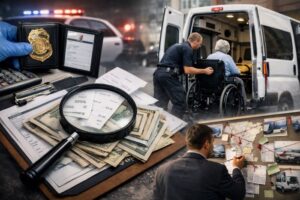 Minnesota Medical Transportation Fraud 2026 investigation featuring law enforcement badge, magnifying glass over bills, and NEMT van with patient being assisted.