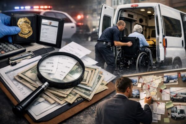 Minnesota Medical Transportation Fraud 2026 investigation featuring law enforcement badge, magnifying glass over bills, and NEMT van with patient being assisted.