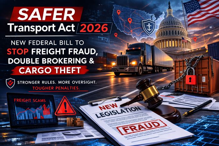 SAFER Transport Act 2026 featured image showing freight truck, cargo containers, and legal symbols for stopping freight fraud and cargo theft in the United States.