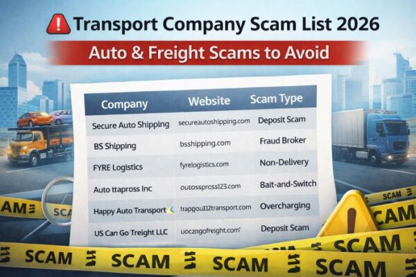 Transport company scam list 2026 showing auto transport and freight broker scam companies to avoid